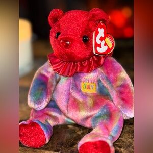 🎉 TY Birthday Beanie Baby July Bear Ruby Rainbow Sparkle Plush